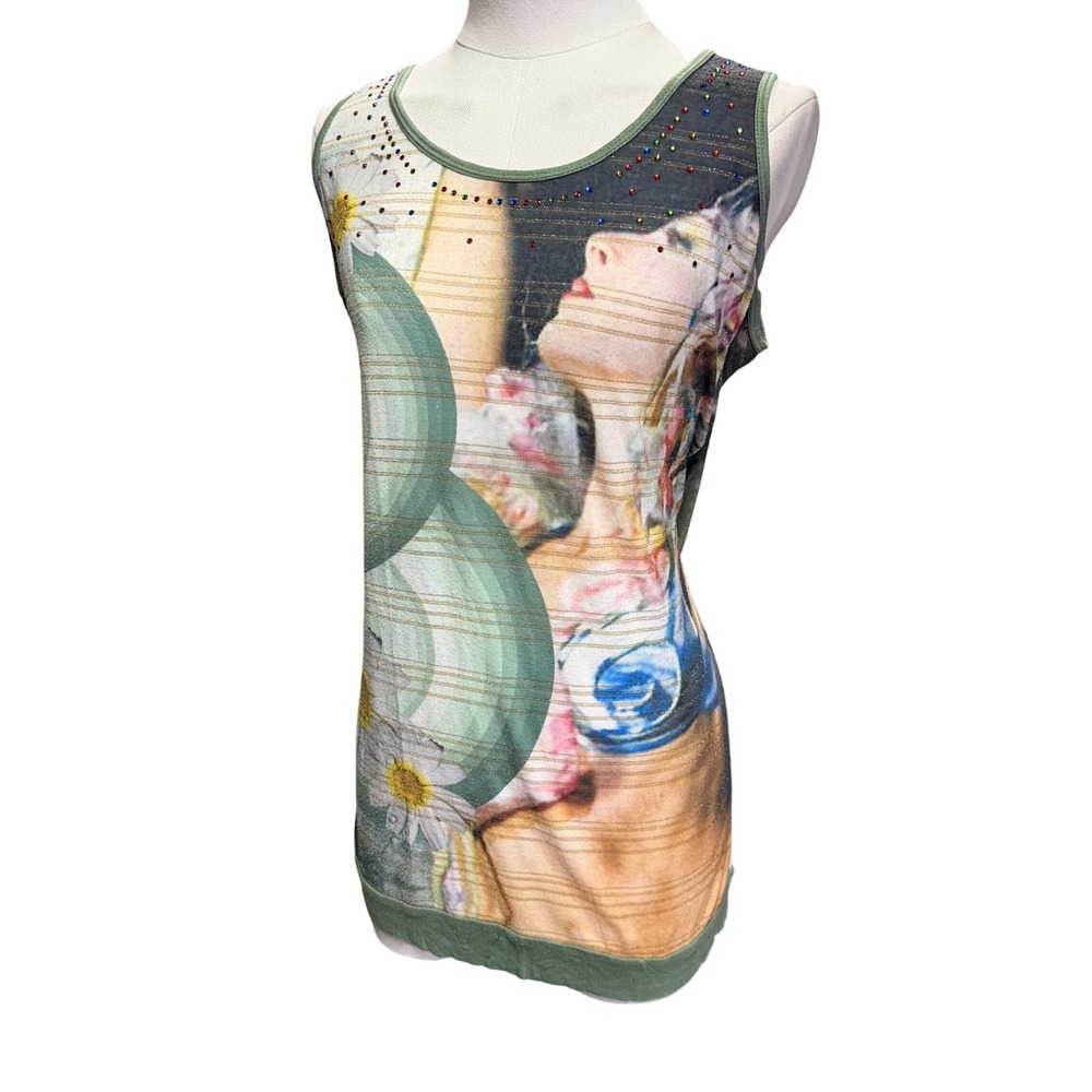 Desigual Graphic Tank Top Womens M Green Cirque Du Soleil Rhinestone Good